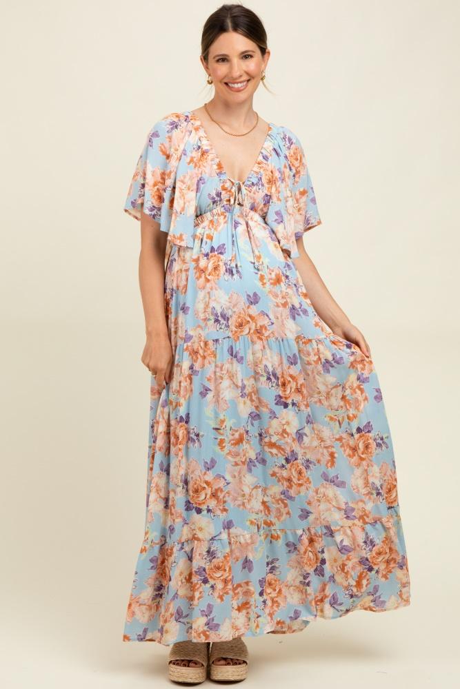 light blue floral flyway sleeve v-neck tiered maternity maxi dress