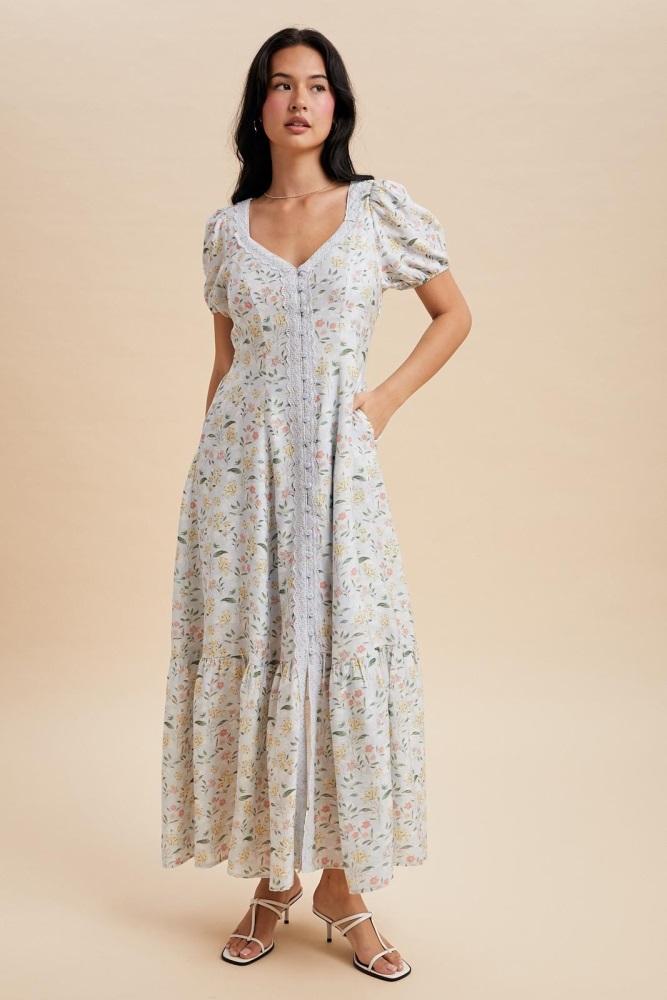 light blue floral lace trim button down maxi dress