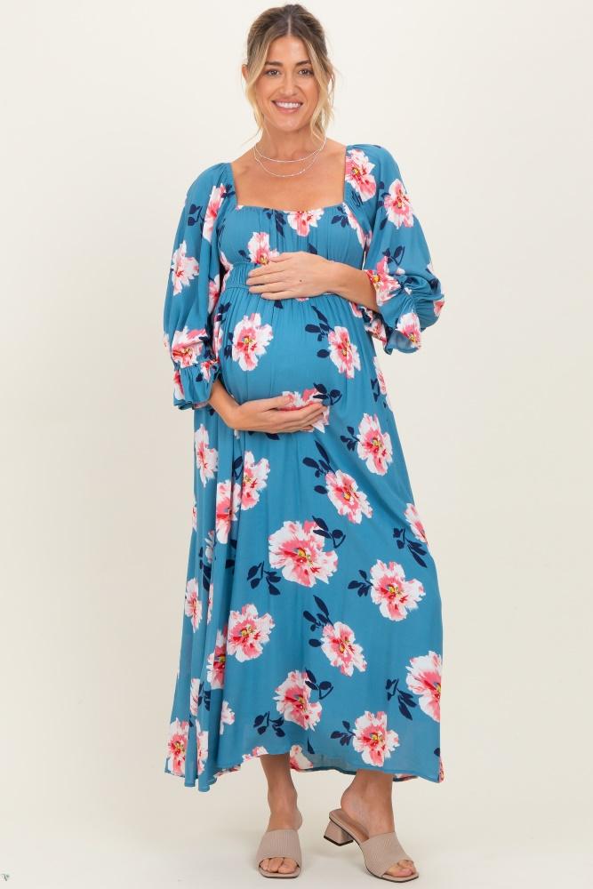 light blue floral long sleeve square neck smocked maternity maxi dress