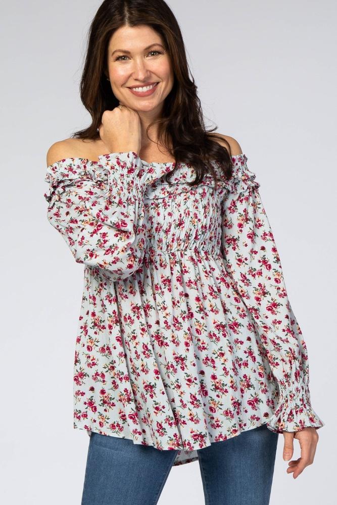 light blue floral off shoulder long sleeve top