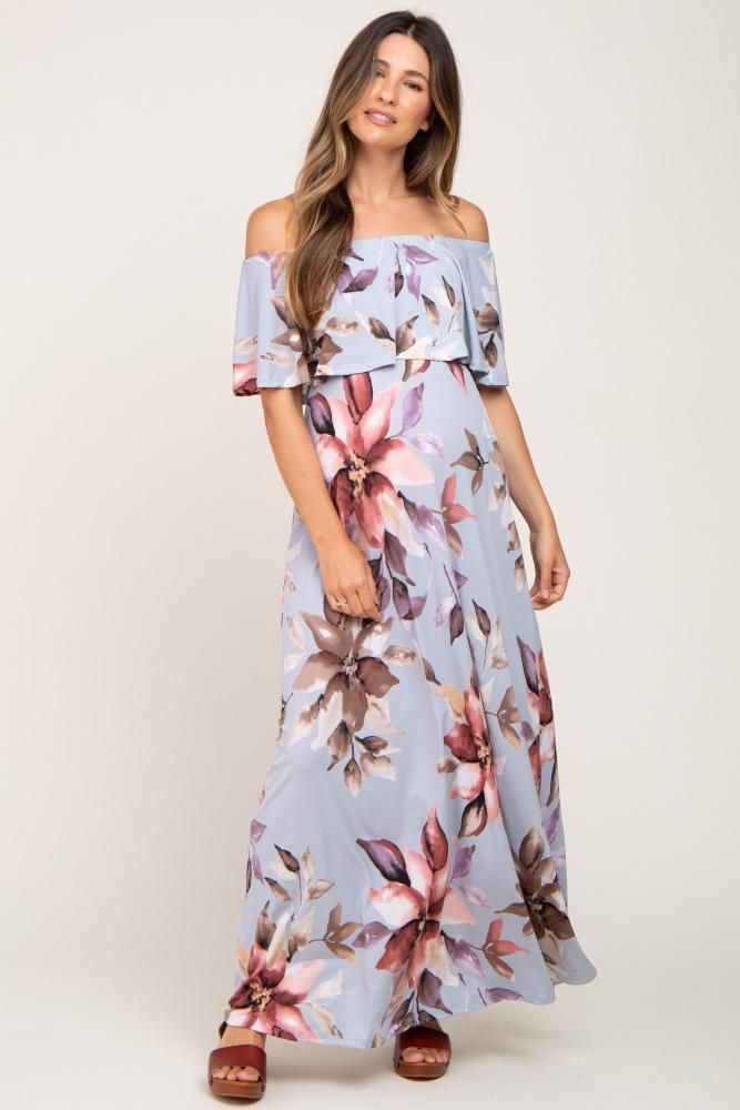 light blue floral off shoulder maternity maxi dress