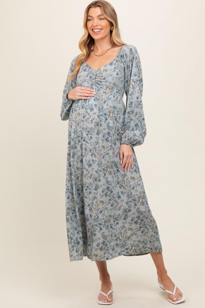 light blue floral paisley long sleeve maternity midi dress