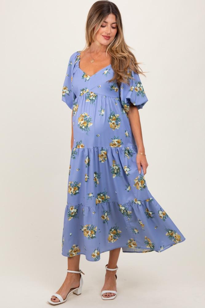 light blue floral puff sleeve maternity tiered maxi dress