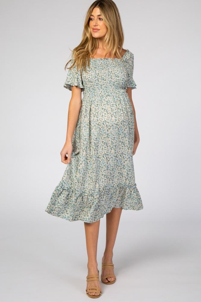 light blue floral ruffle maternity midi dress