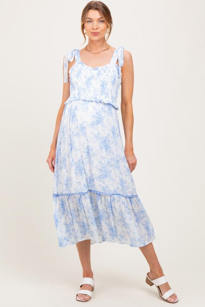 light blue floral smocked shoulder tie maternity midi dress