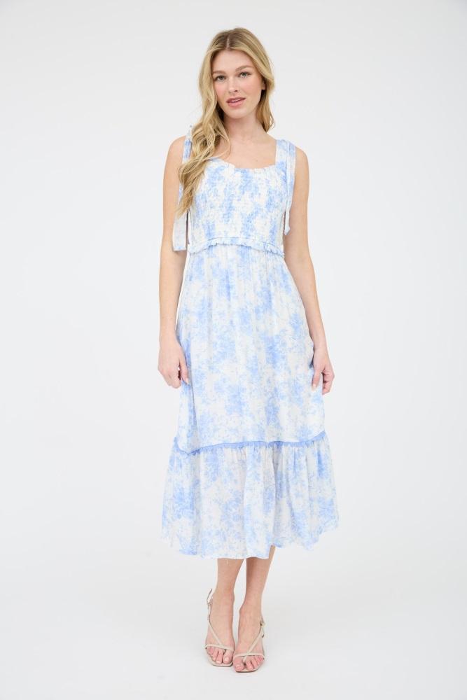 light blue floral smocked shoulder tie midi dress