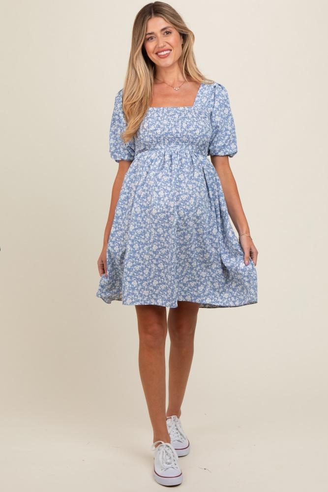 light blue floral smocked tie back maternity dress