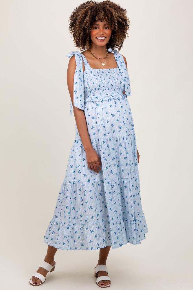 light blue floral striped smocked shoulder tie maternity maxi dress