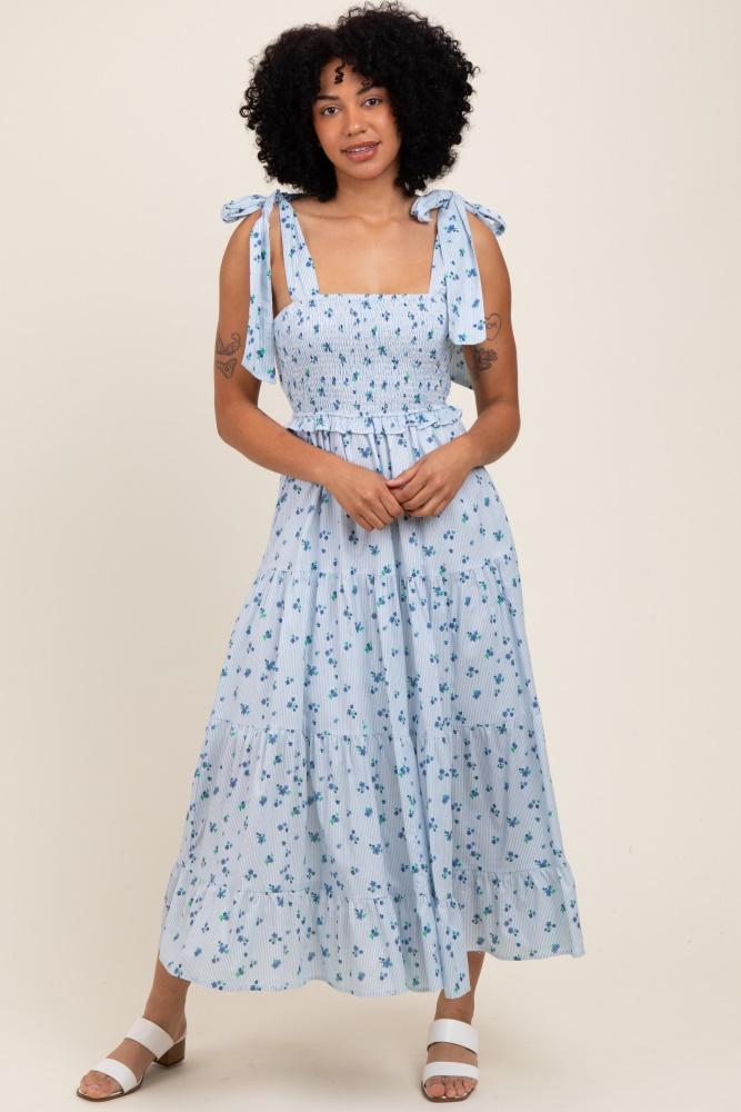 light blue floral striped smocked shoulder tie maxi dress