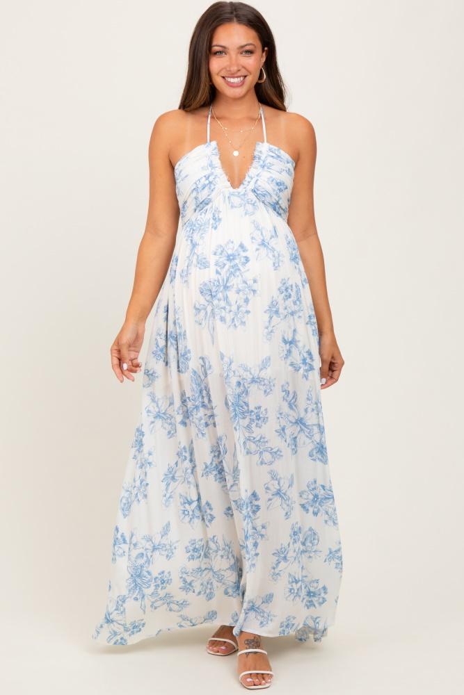 light blue floral tie-back halter maternity maxi dress
