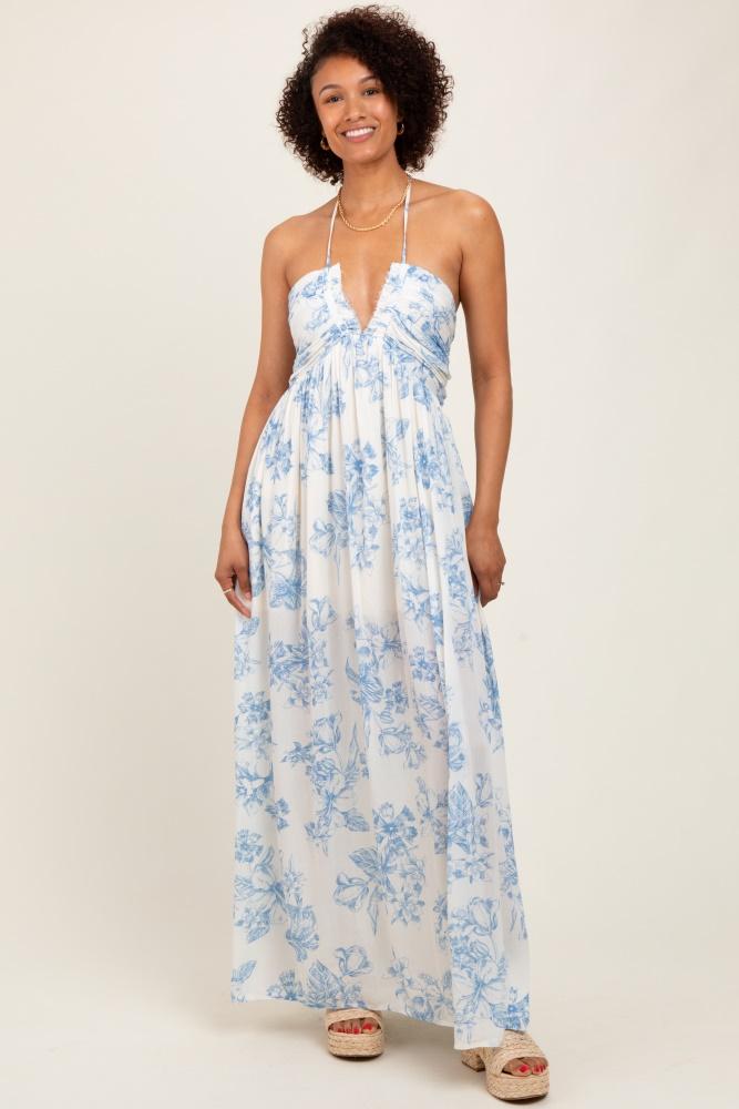 light blue floral tie-back halter maxi dress