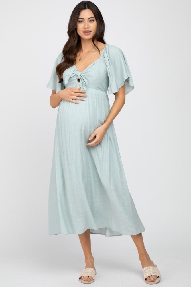 light blue front tie ruffle sleeve maternity midi dress