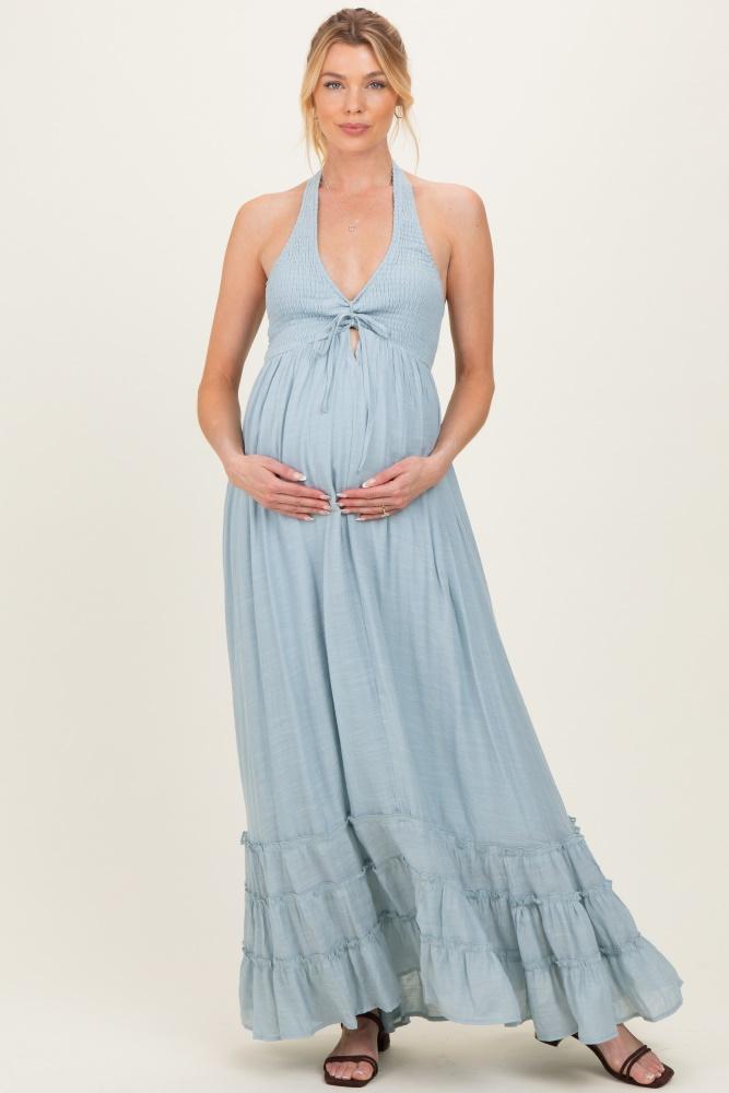light blue halter neck smocked maternity maxi dress
