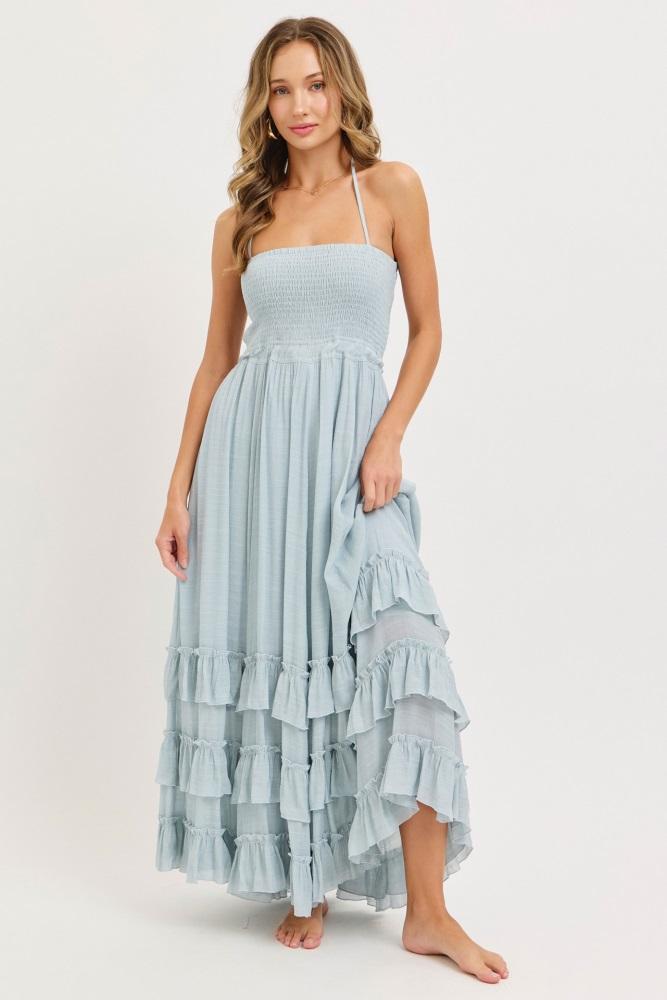 light blue halter smocked ruffle tier hem maxi dress