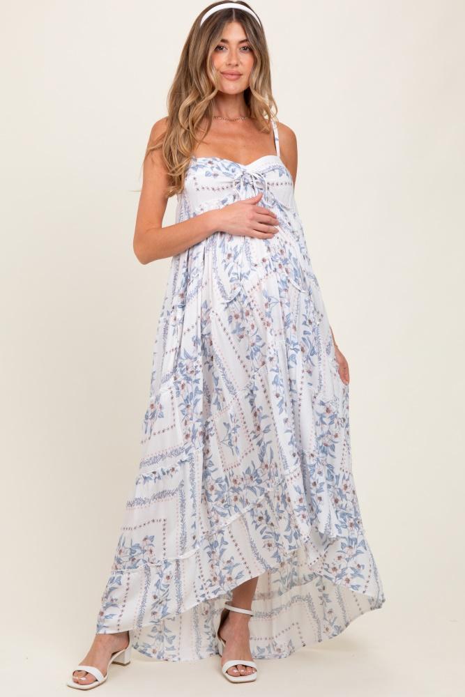 light blue hi-lo spaghetti strap patchwork ruffle maternity maxi dress