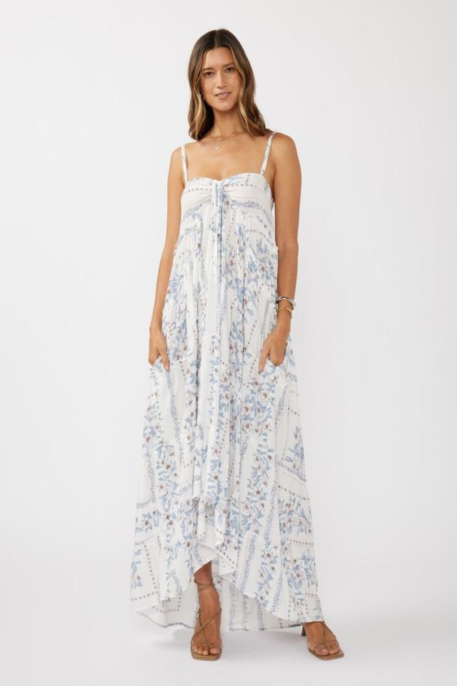 light blue hi-lo spaghetti strap patchwork ruffle maxi dress