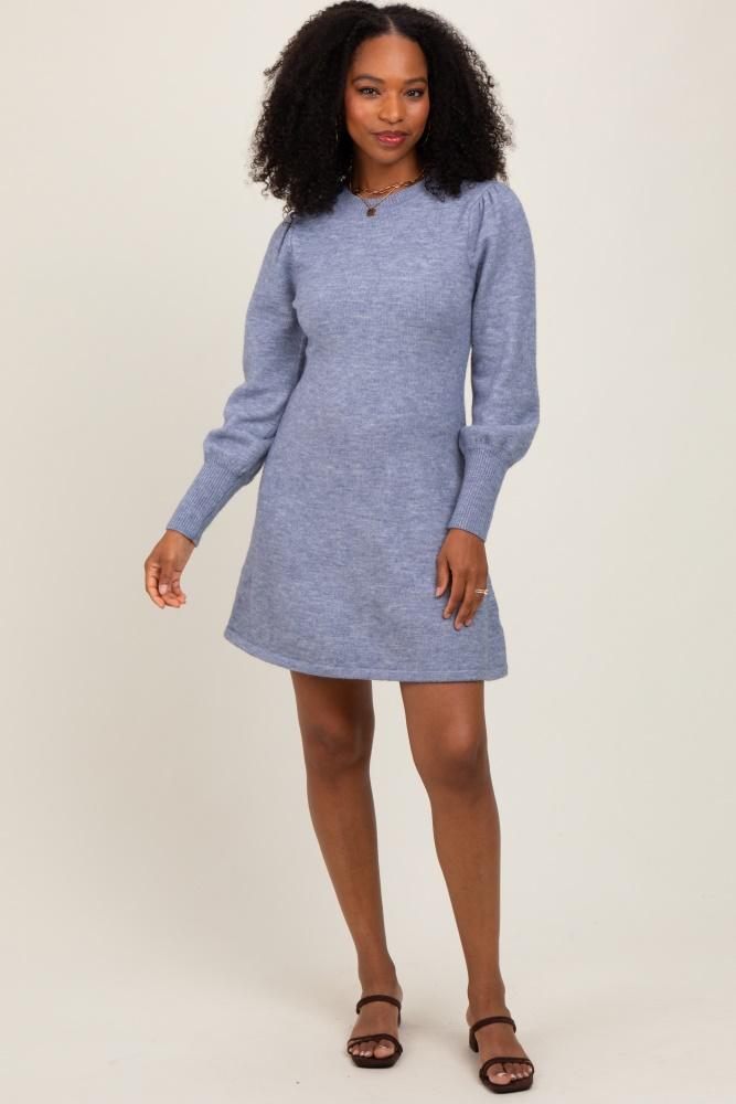 light blue knit bubble sleeve mini dress