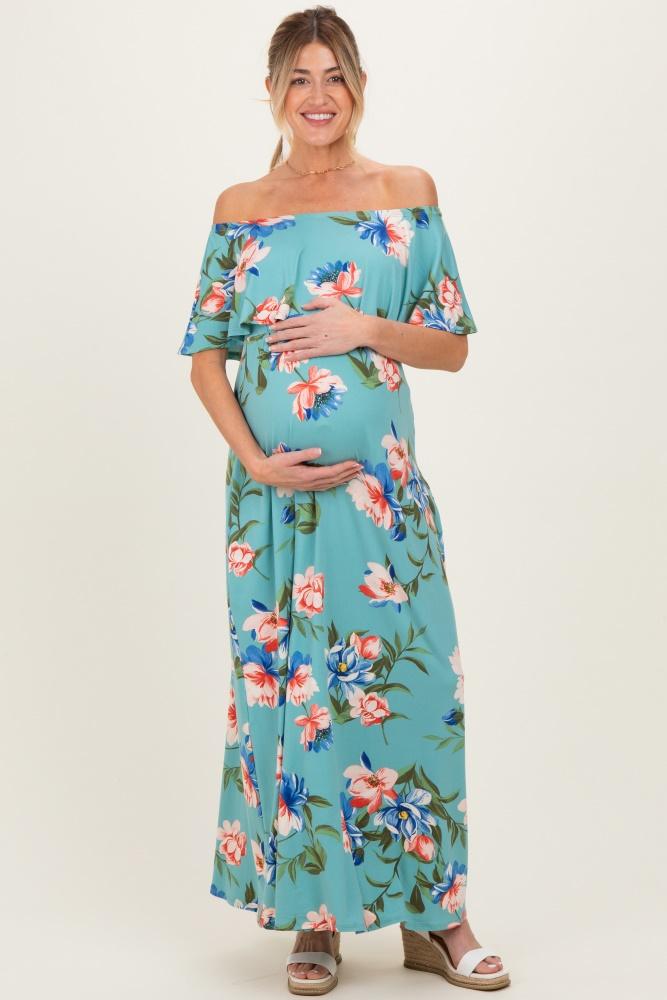 light blue off shoulder floral ruffle maternity maxi dress