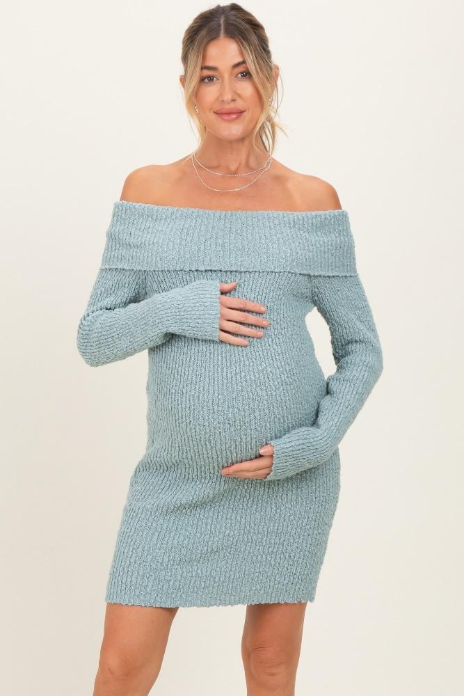 light blue off the shoulder knit sweater maternity mini dress