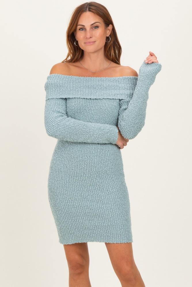 light blue off the shoulder knit sweater mini dress