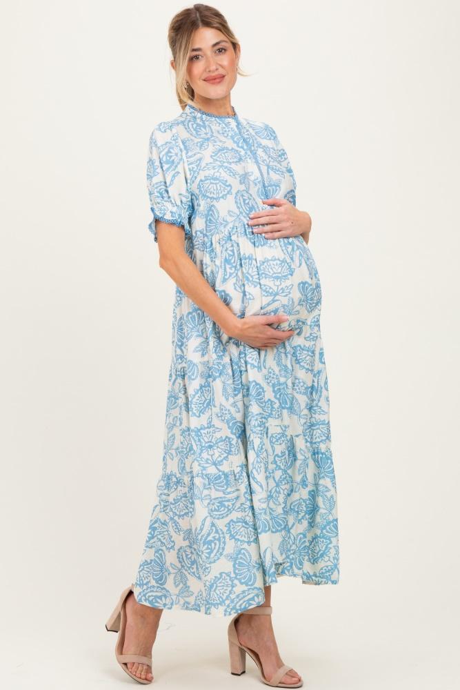 light blue paisley print tiered maternity midi dress