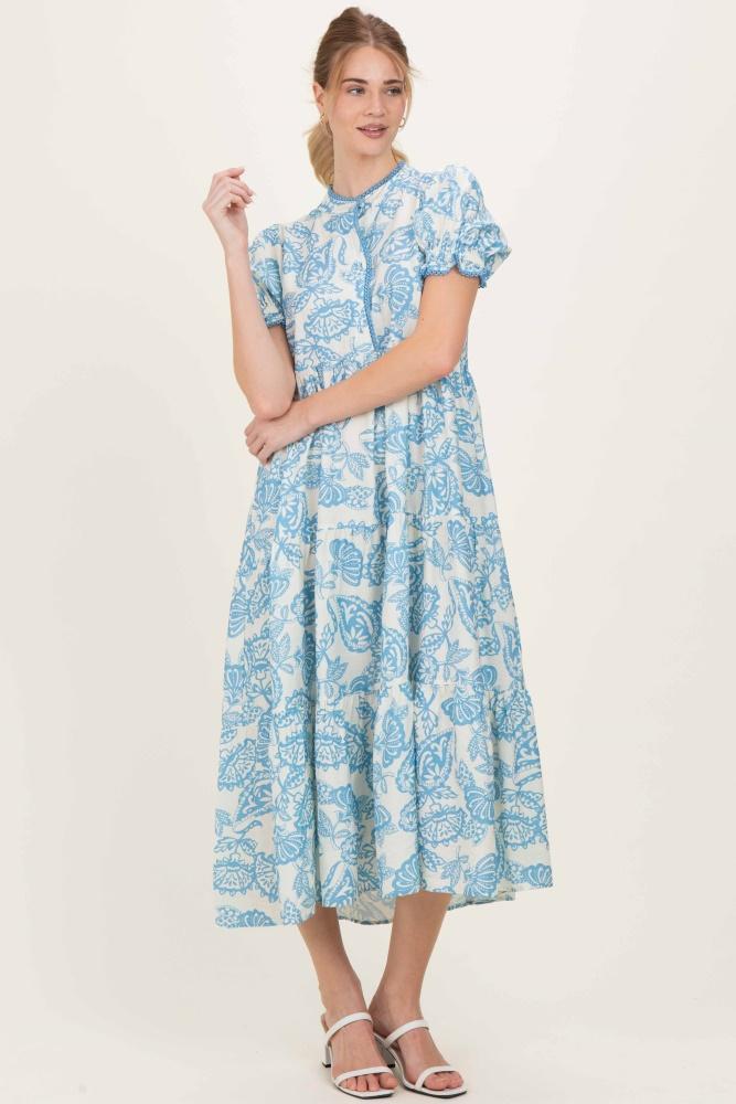 light blue paisley print tiered midi dress