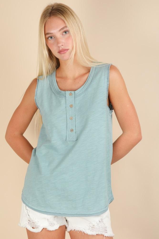 light blue raw hem button detail sleeveless top