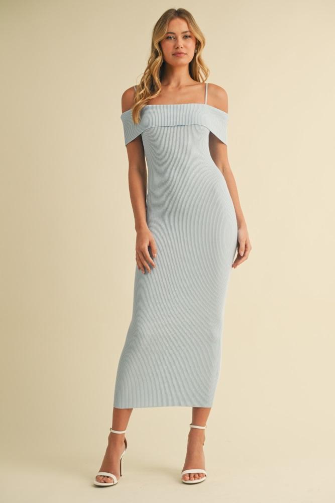 light blue rib knit off shoulder fitted midi dress