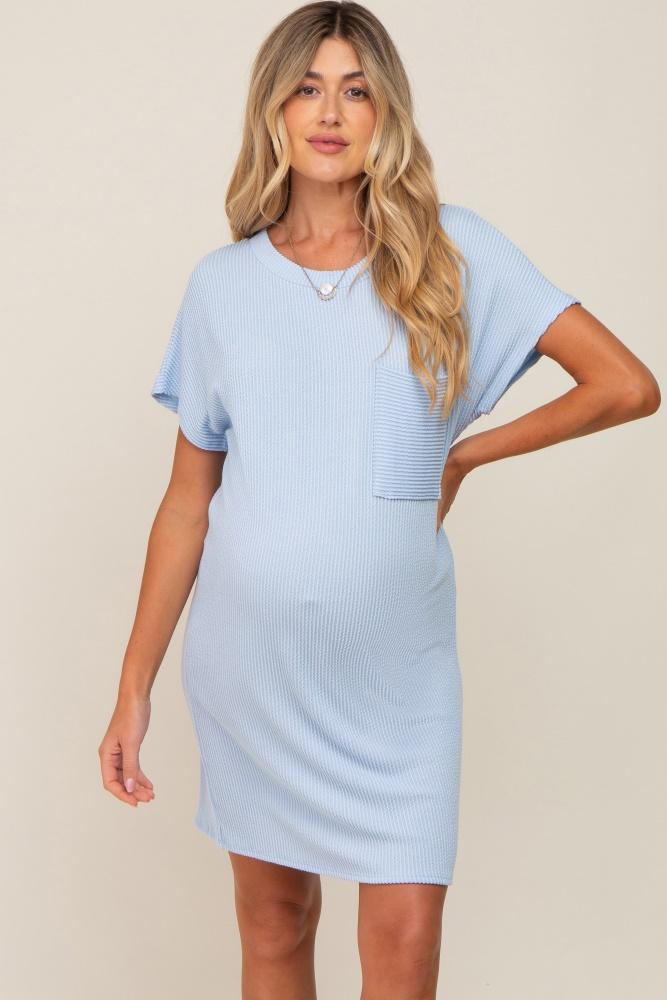 light blue ribbed front pocket dolman short sleeve maternity dress