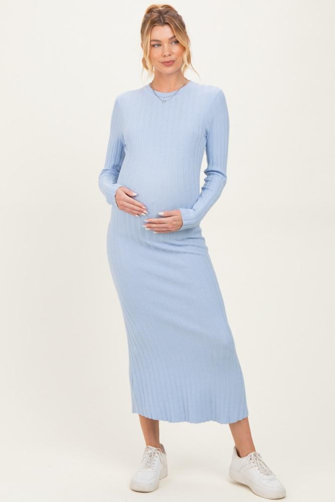 light blue ribbed knit fitted maternity midi sweater dress