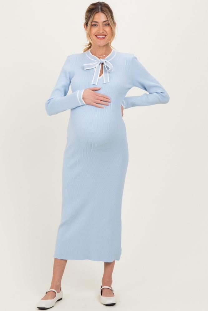 light blue ribbed knit tie neck maternity sweater dress