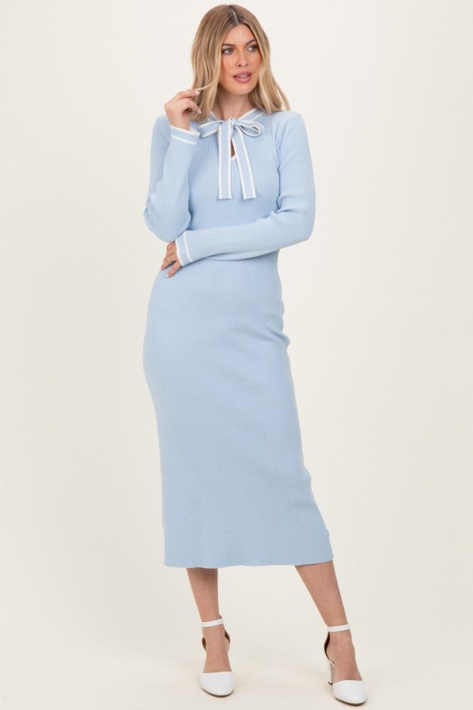light blue ribbed knit tie neck sweater dress