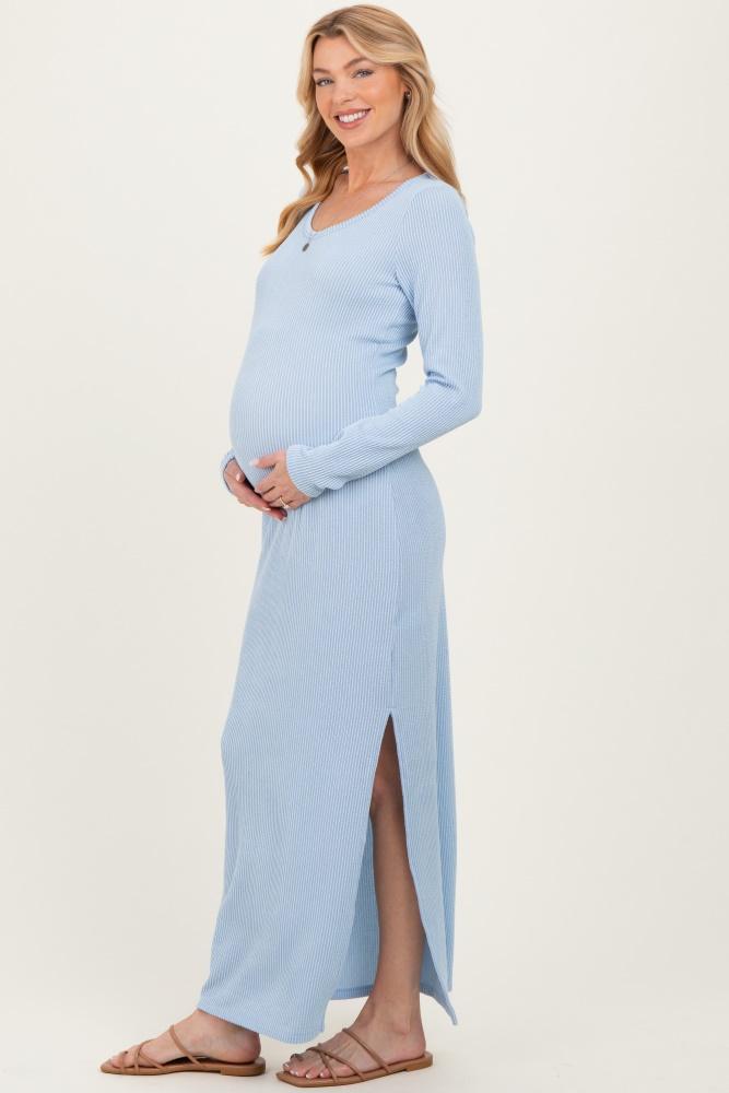light blue ribbed long sleeve side slit maternity maxi dress