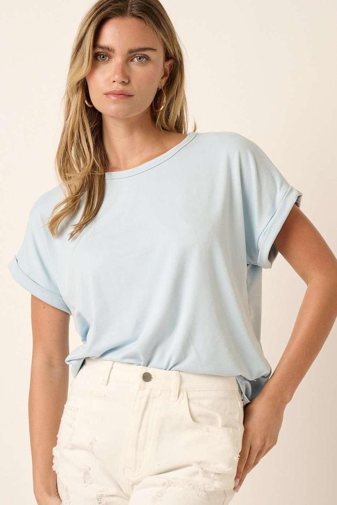 light blue rolled cuff short sleeve top