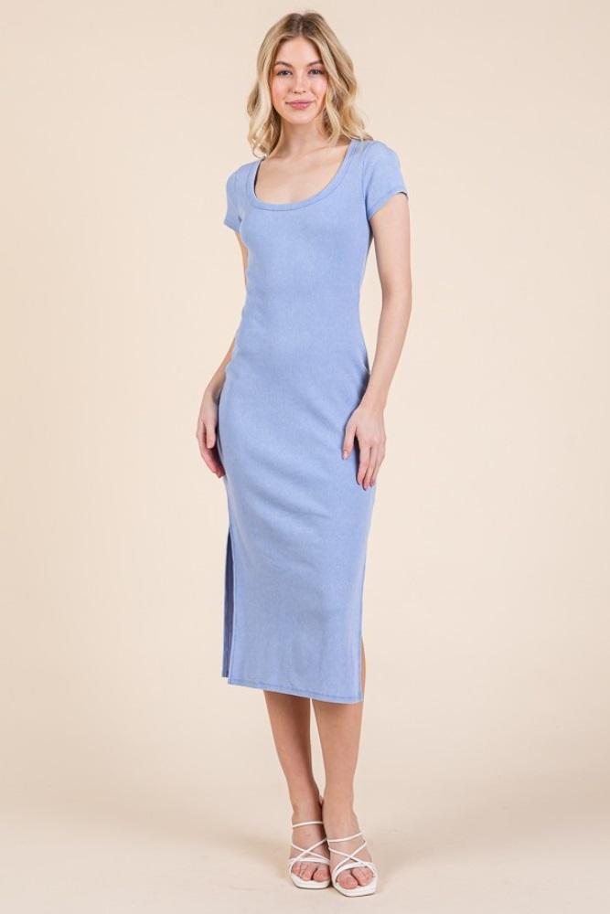 light blue scoop neck short sleeve mineral wash midi dress