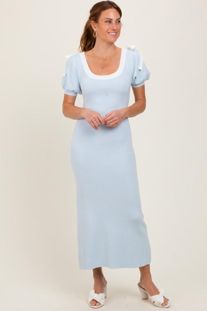 light blue shoulder bow puff sleeve sweater dress