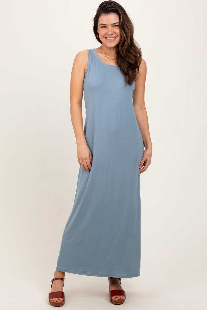 light blue sleeveless flared scoop neck maxi dress