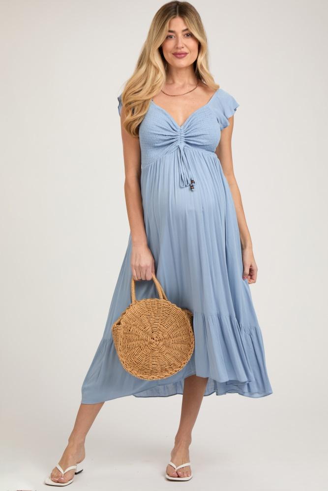 light blue smocked ruched ruffle hem maternity maxi dress