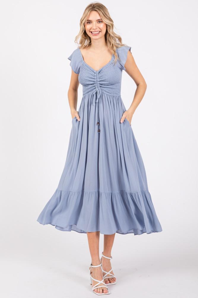 light blue smocked ruched ruffle hem maxi dress