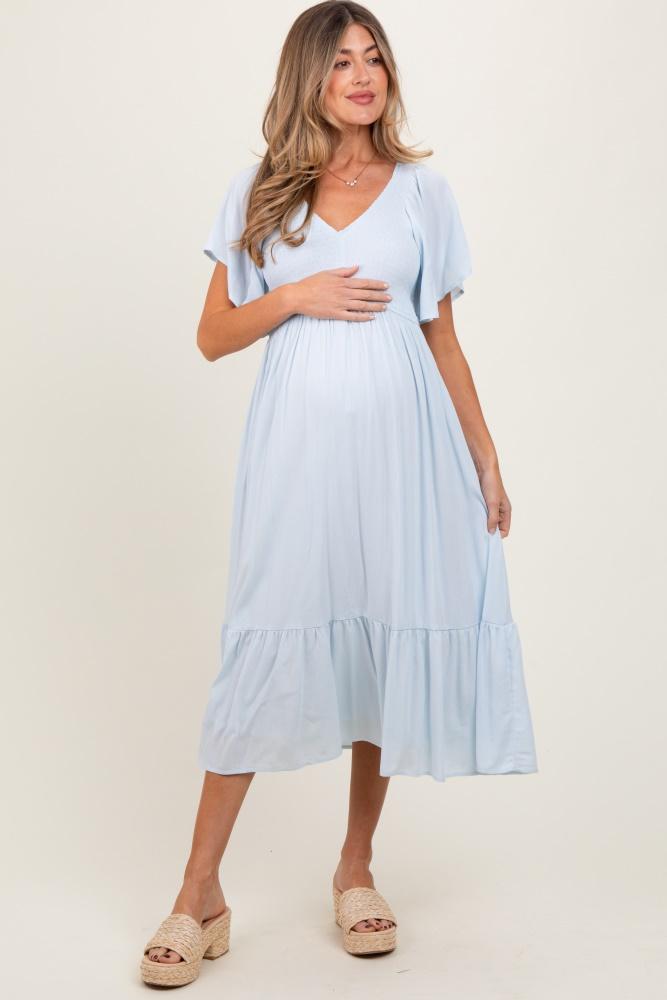 light blue smocked ruffle maternity dress