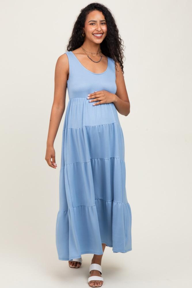 light blue solid tiered french terry maternity maxi dress