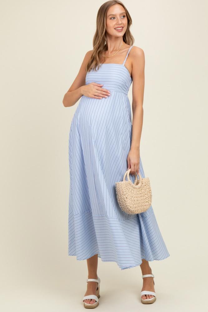 light blue spaghetti strap stripe maternity maxi dress