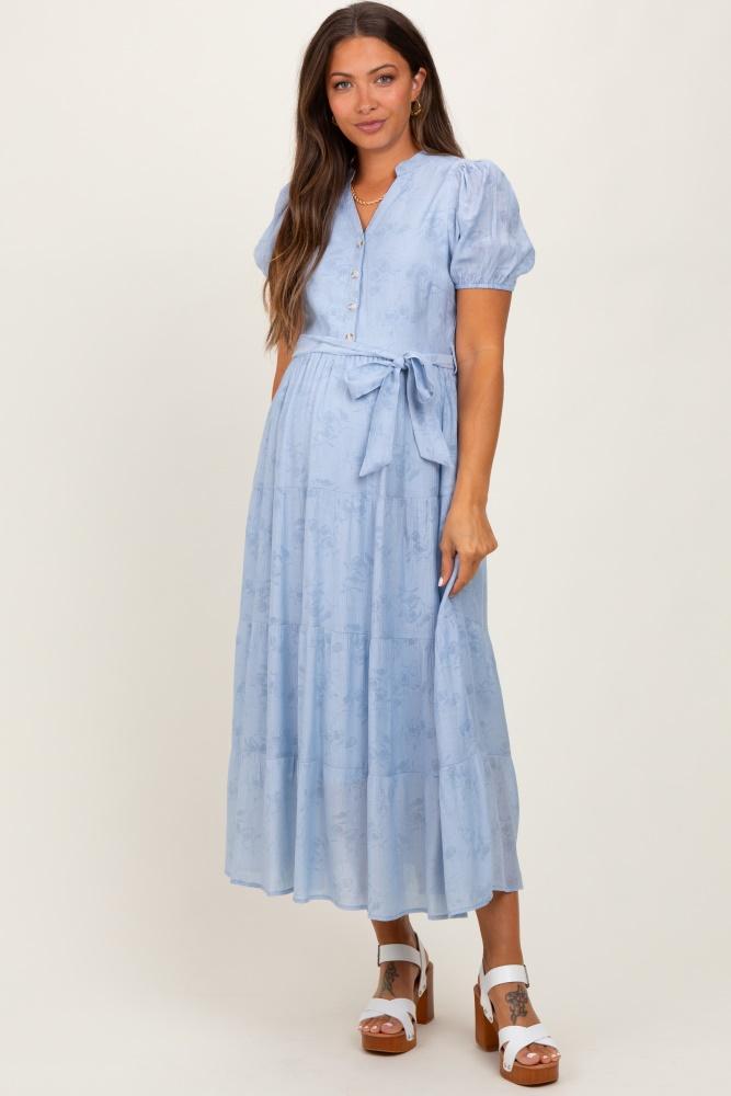 light blue split neckline tiered maternity midi dress