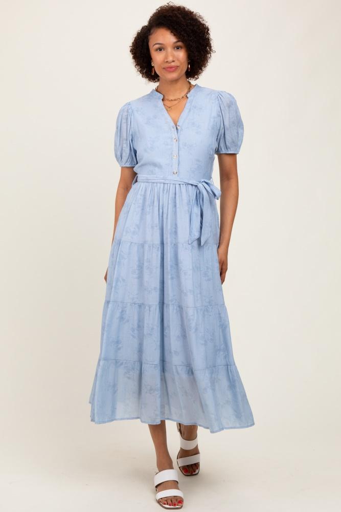 light blue split neckline tiered midi dress