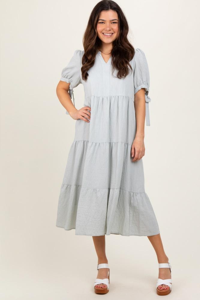 light blue split v-neck sleeve tie tiered midi dress