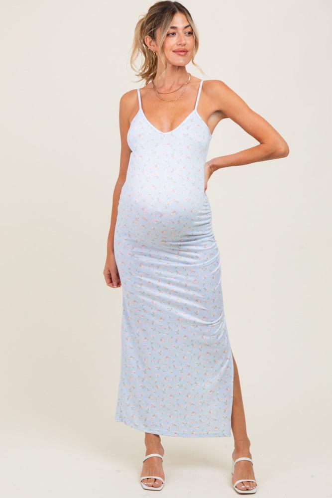 light blue spring floral print sleeveless maternity dress