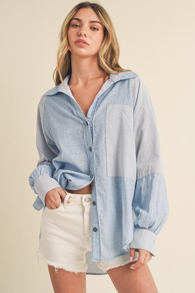 light blue striped colorblock button up top