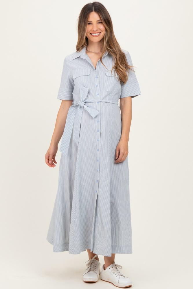light blue striped cotton button down maternity maxi dress