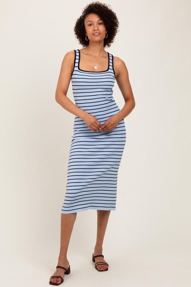 light blue striped knit square neck midi dress