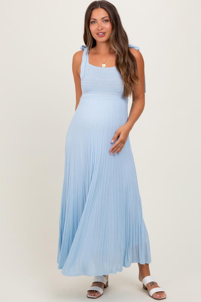 light blue textured knit shoulder tie maternity midi dress